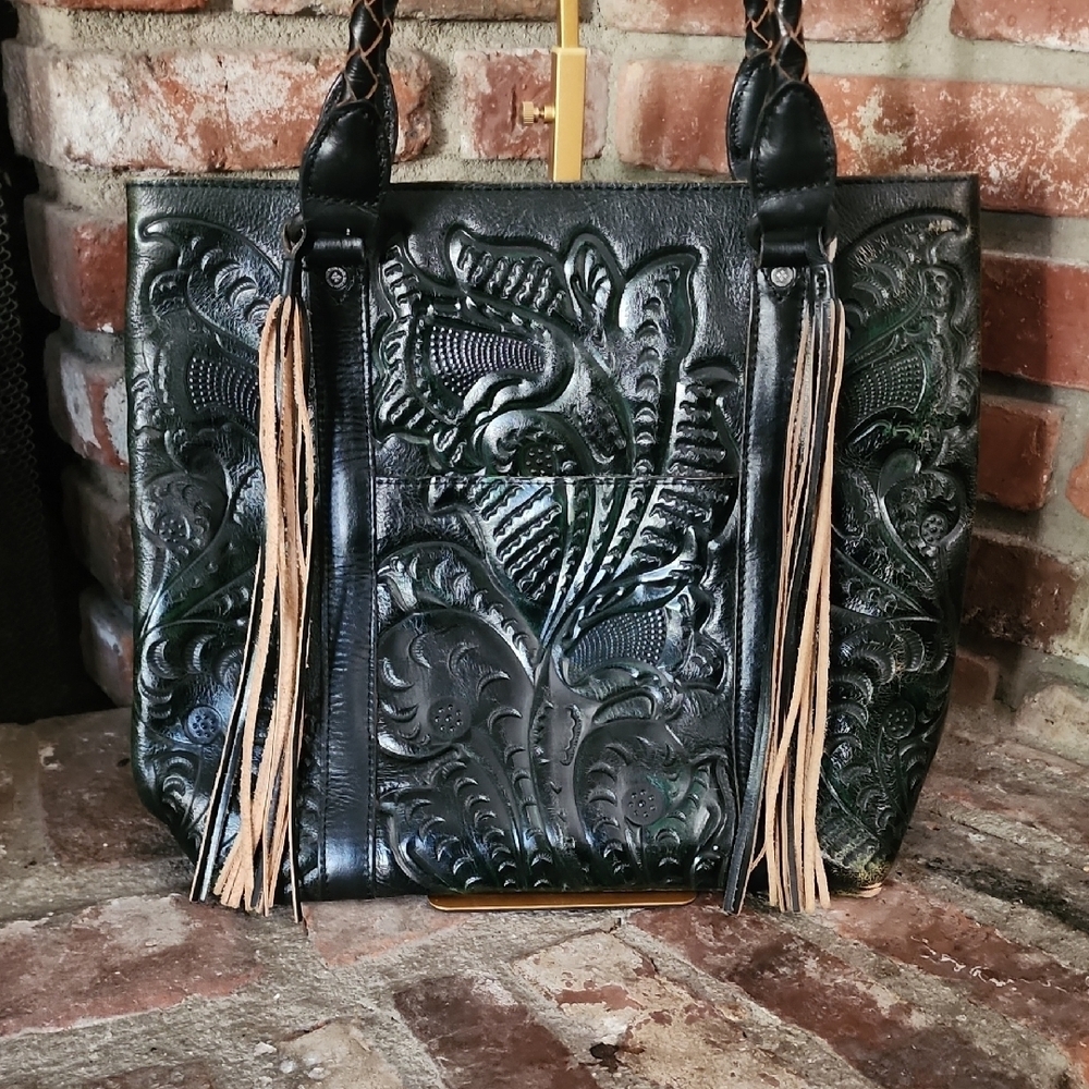 Patricia Nash Tooled Embossed Green Leather Tote Fringe Boho Bag - Picture 2 of 13